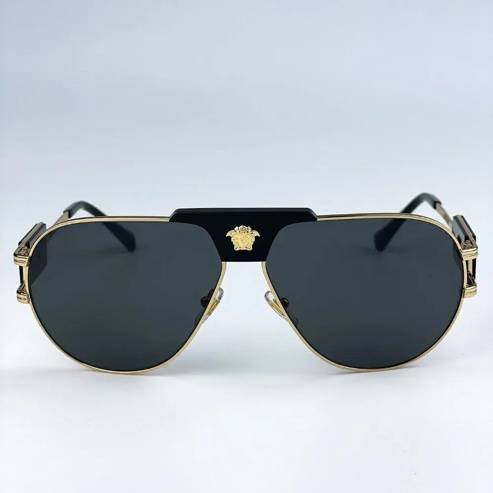 NEW Versace VE2252 100287 BRAND NEW Gold Dark Grey Metal Pilot Unisex Sunglasses
